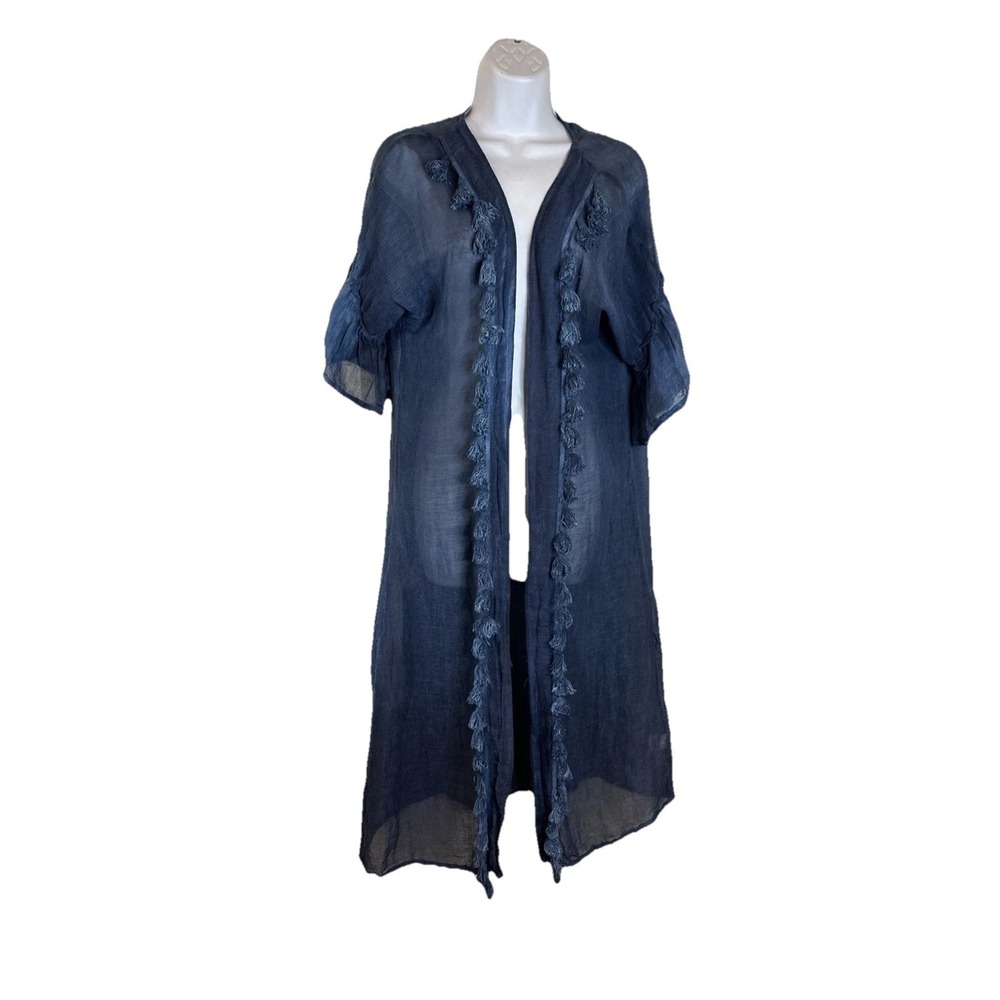 NWT Crosstree Lane Women Blue Linen Tassels Lagenlook Duster‎ Kimono One Size
